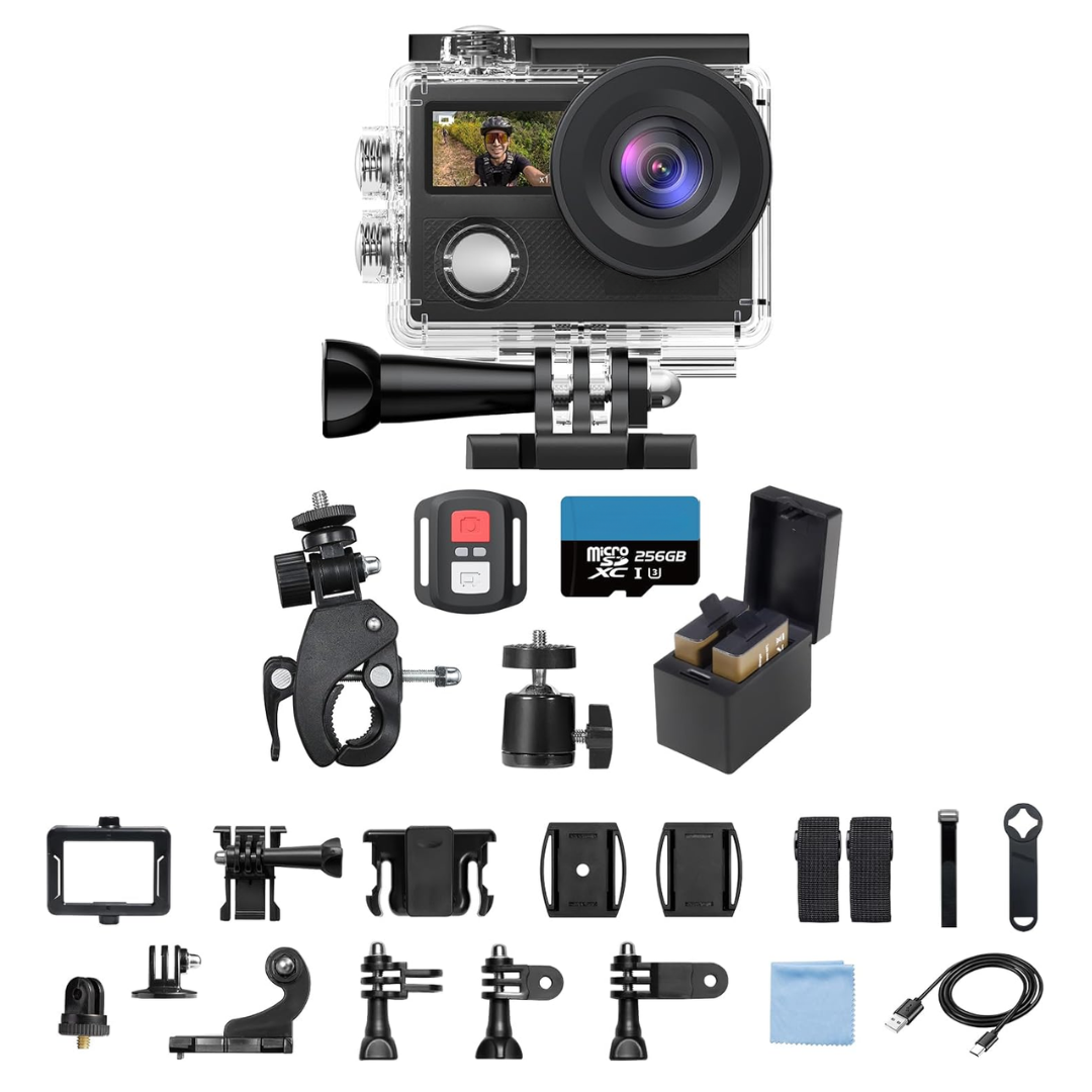 4K Action Camera with Dual Screens Water-Resistant Case WiFi Mount Kit
