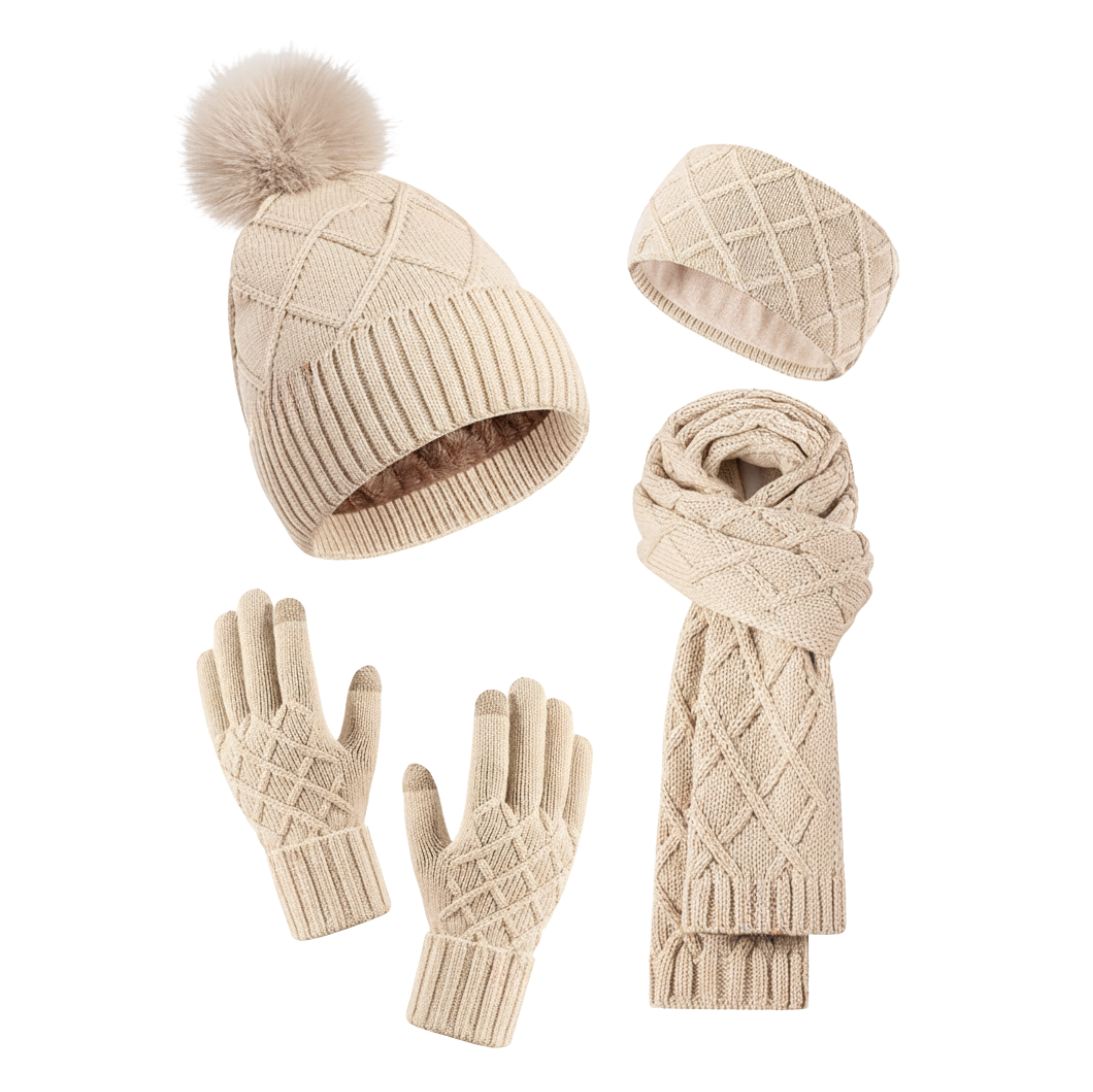 Women’s 4-in-1 Winter Hat, Scarf, Gloves, and Headband Set Oatmeal