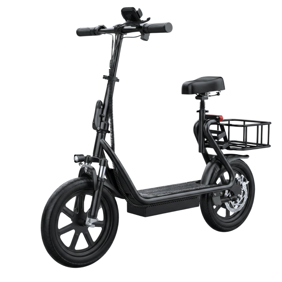 Foldable Electric Scooter with Seat, Rear Basket, 14 Inch Tires