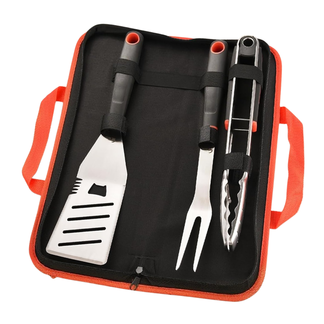 Stainless Steel BBQ Tool Set with Spatula, Fork, Tongs and Carry Case