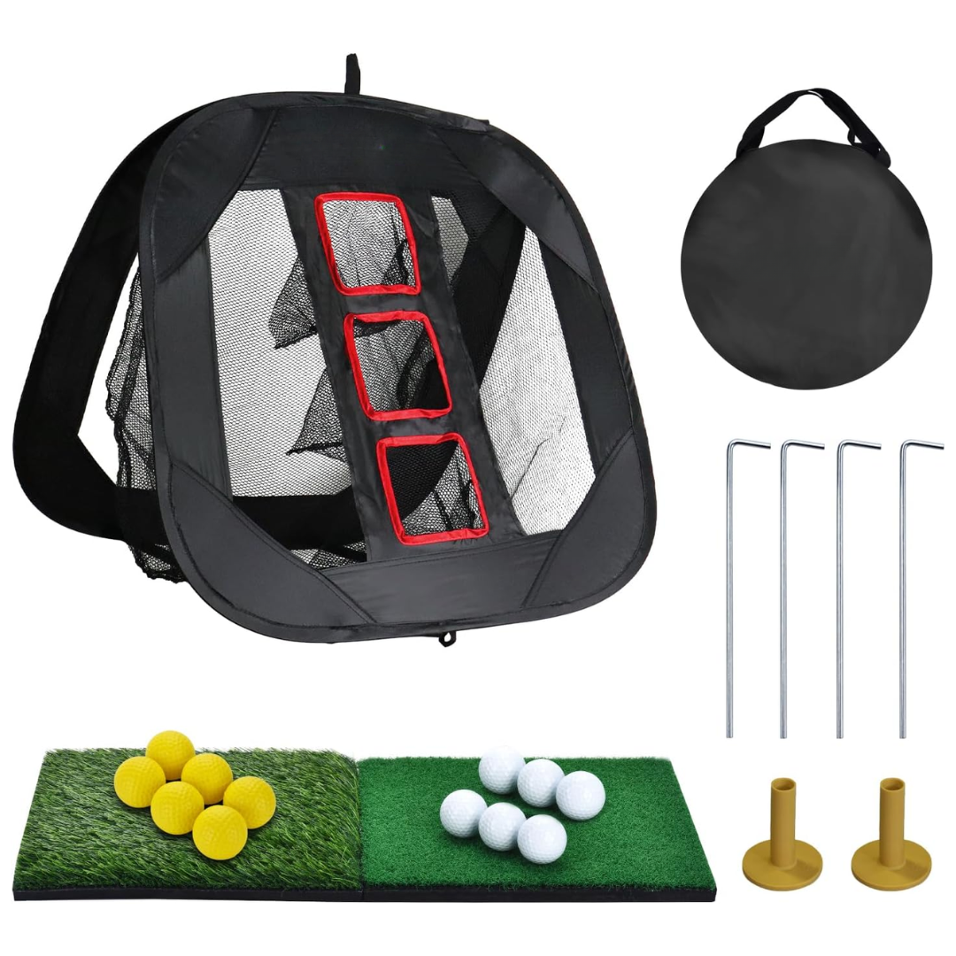 Pop-Up Golf Chipping Target Net Set with Hitting Mats, Balls & Bag