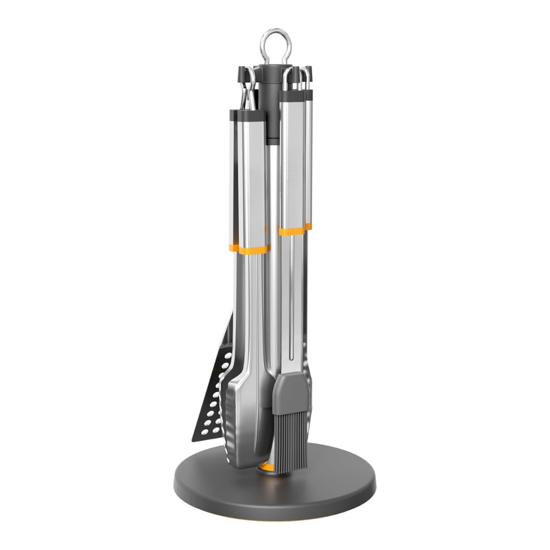 4-Piece Stainless Steel BBQ Tool Set with Rotating Stand Holder