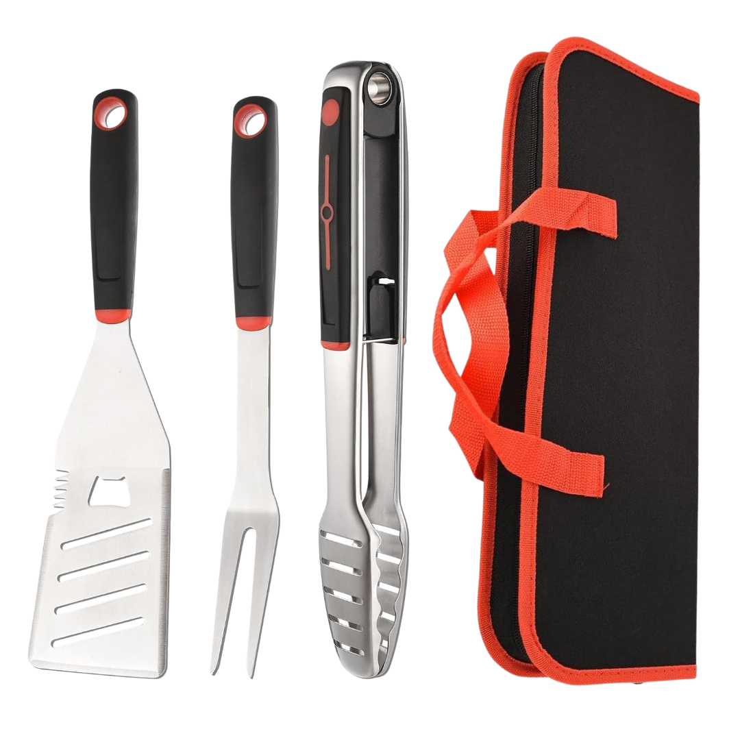 Stainless Steel BBQ Tool Set with Spatula, Fork, Tongs and Carry Case
