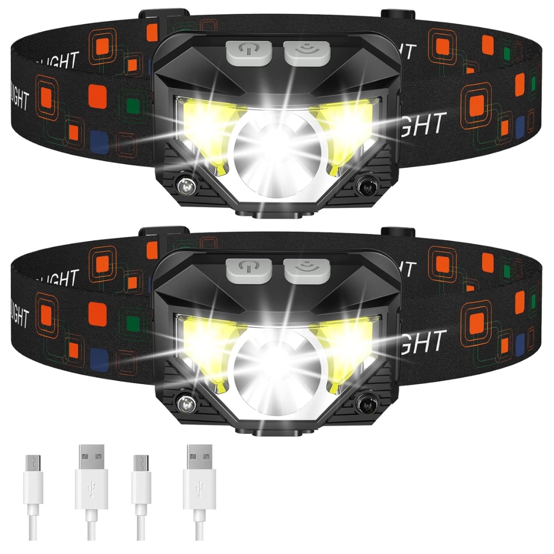 Rechargeable LED Headlamp Flashlight with Sensor, 8 Modes, 2-Pack