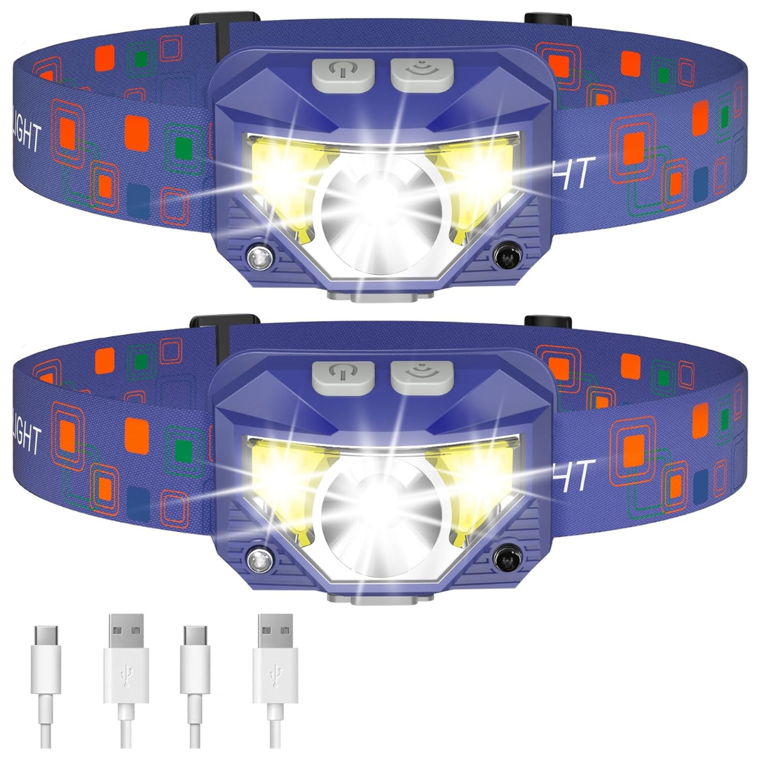Rechargeable LED Headlamp Flashlight with Sensor, 8 Modes, 2-Pack