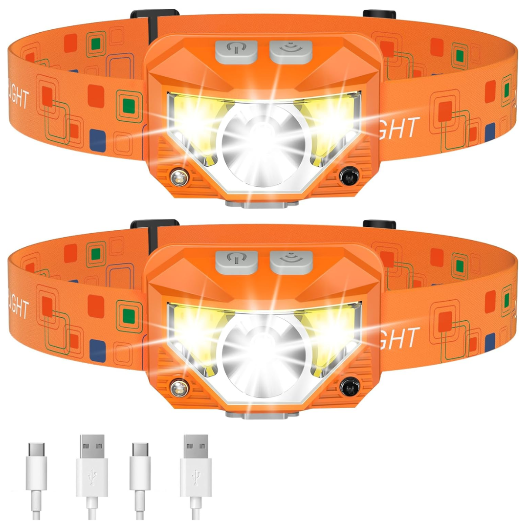 Rechargeable LED Headlamp Flashlight with Sensor, 8 Modes, 2-Pack