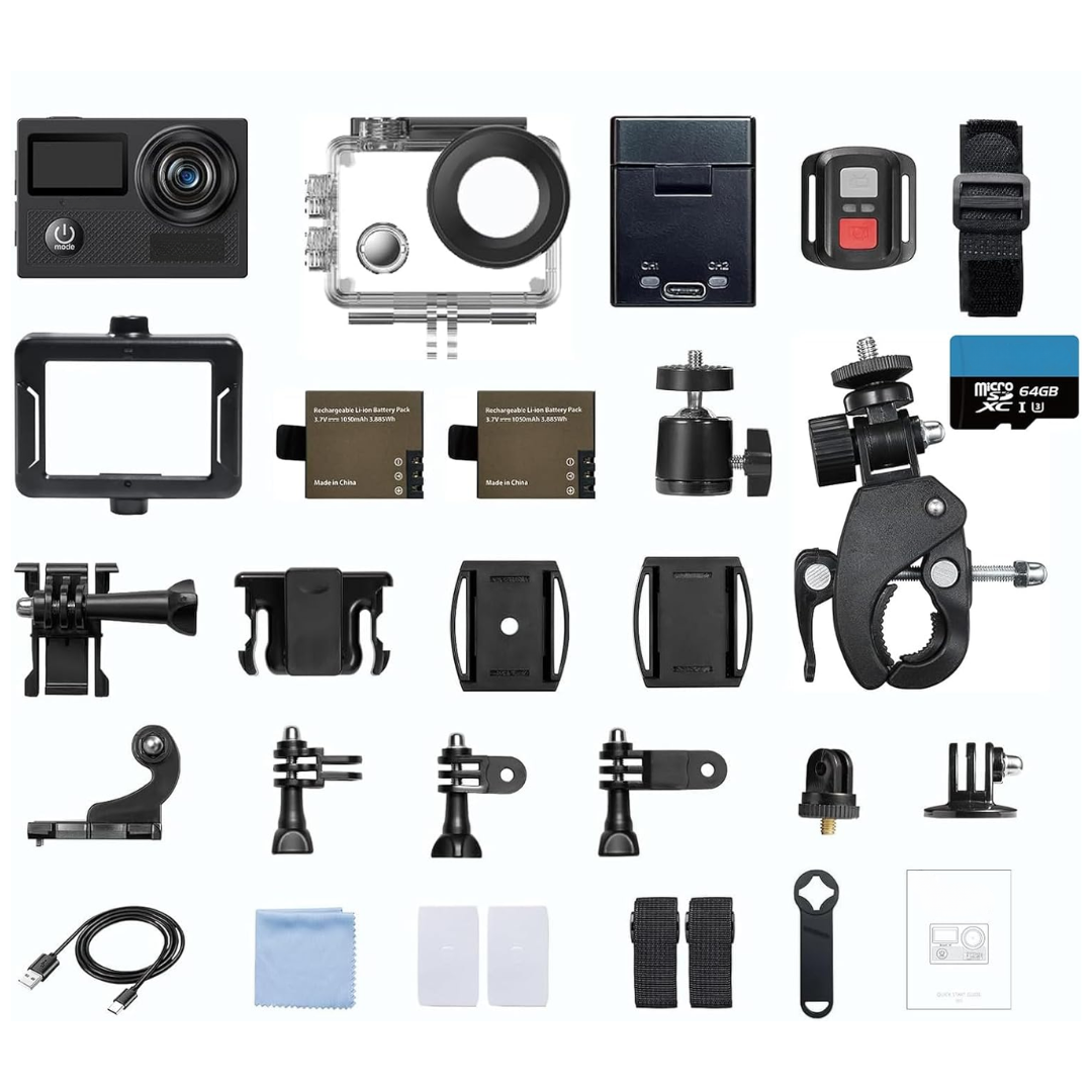 4K Action Camera with Dual Screens Water-Resistant Case WiFi Mount Kit