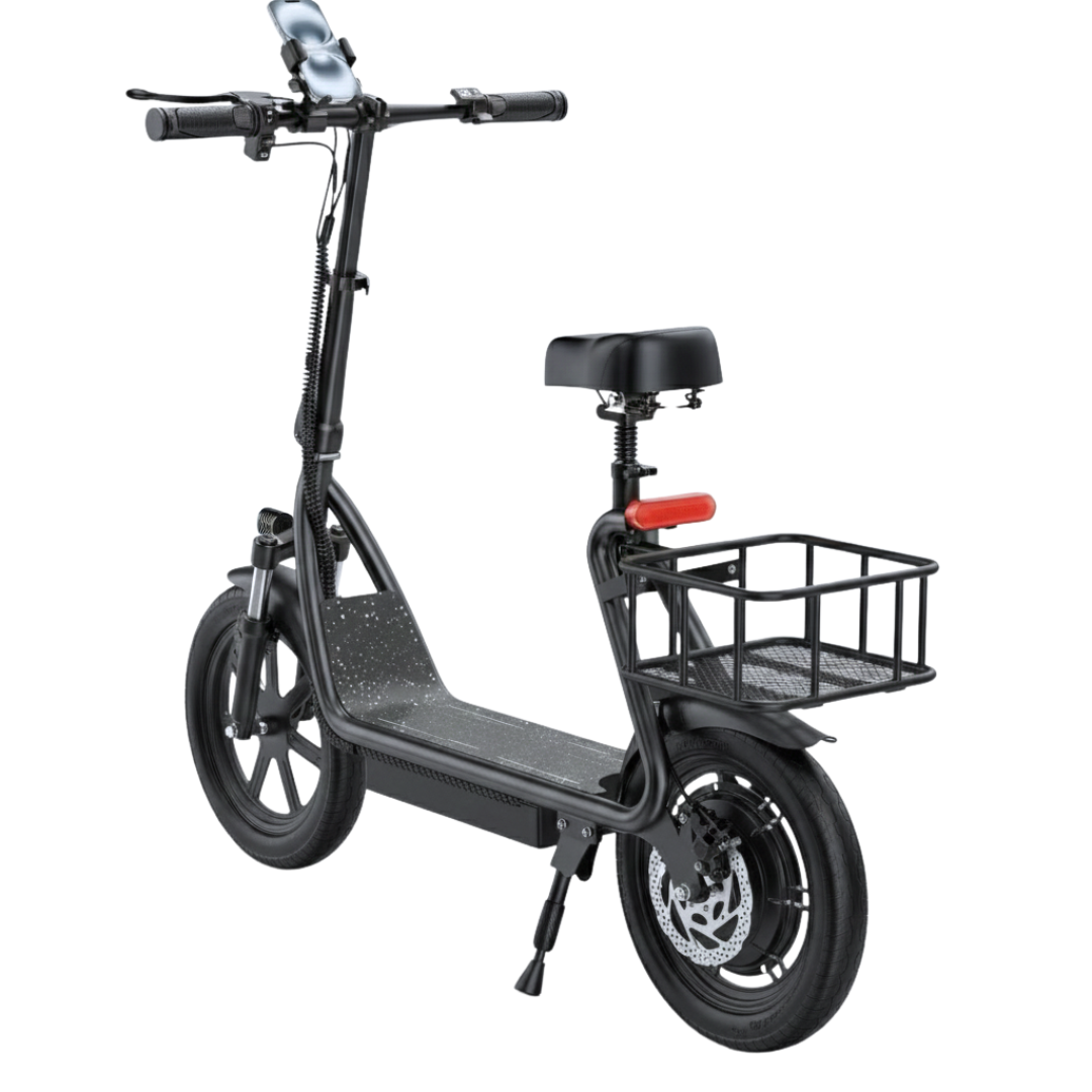 Foldable Electric Scooter with Seat, Rear Basket, 14 Inch Tires