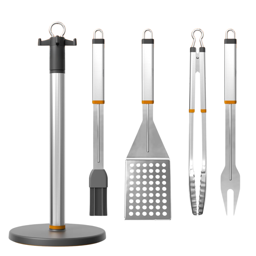 4-Piece Stainless Steel BBQ Tool Set with Rotating Stand Holder