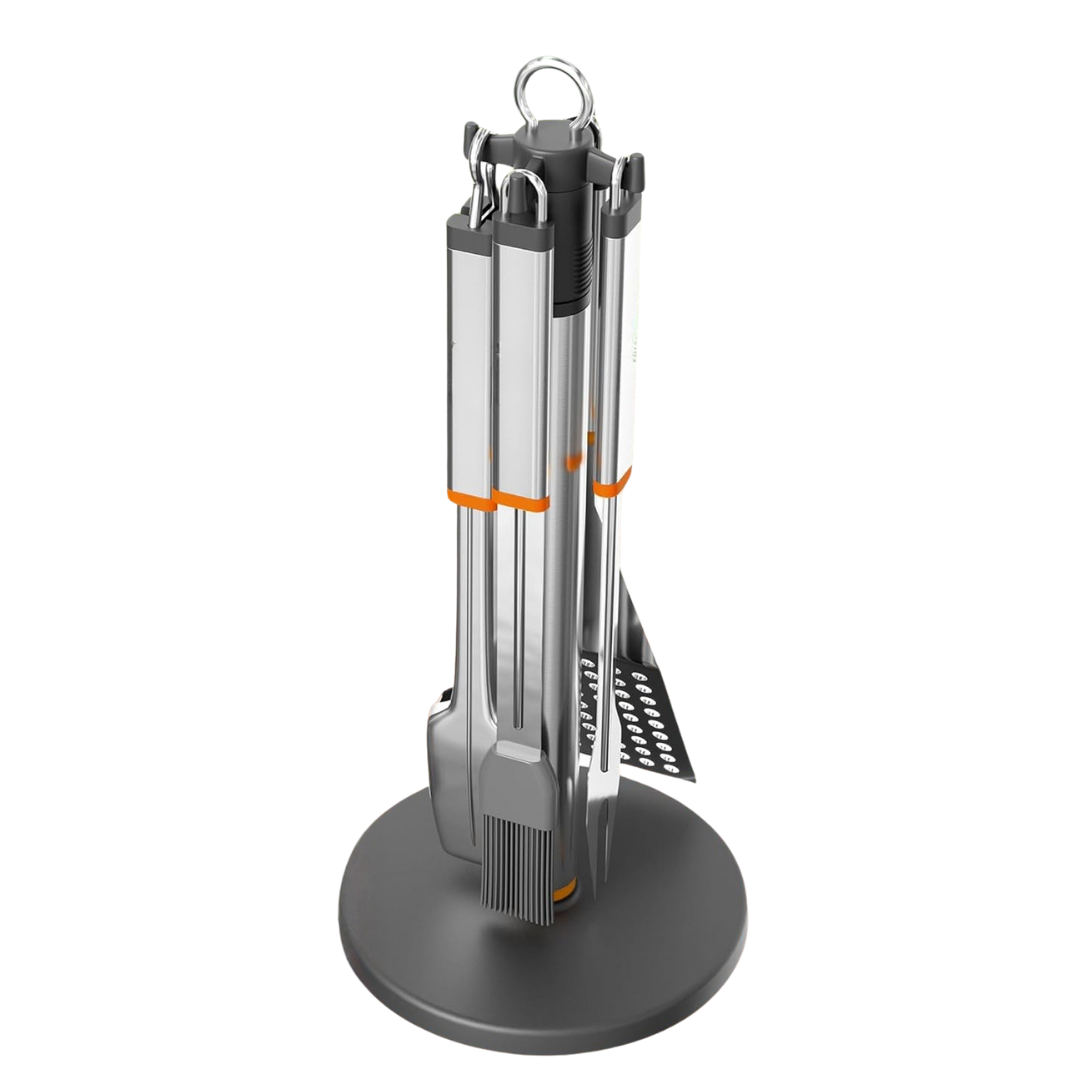 4-Piece Stainless Steel BBQ Tool Set with Rotating Stand Holder