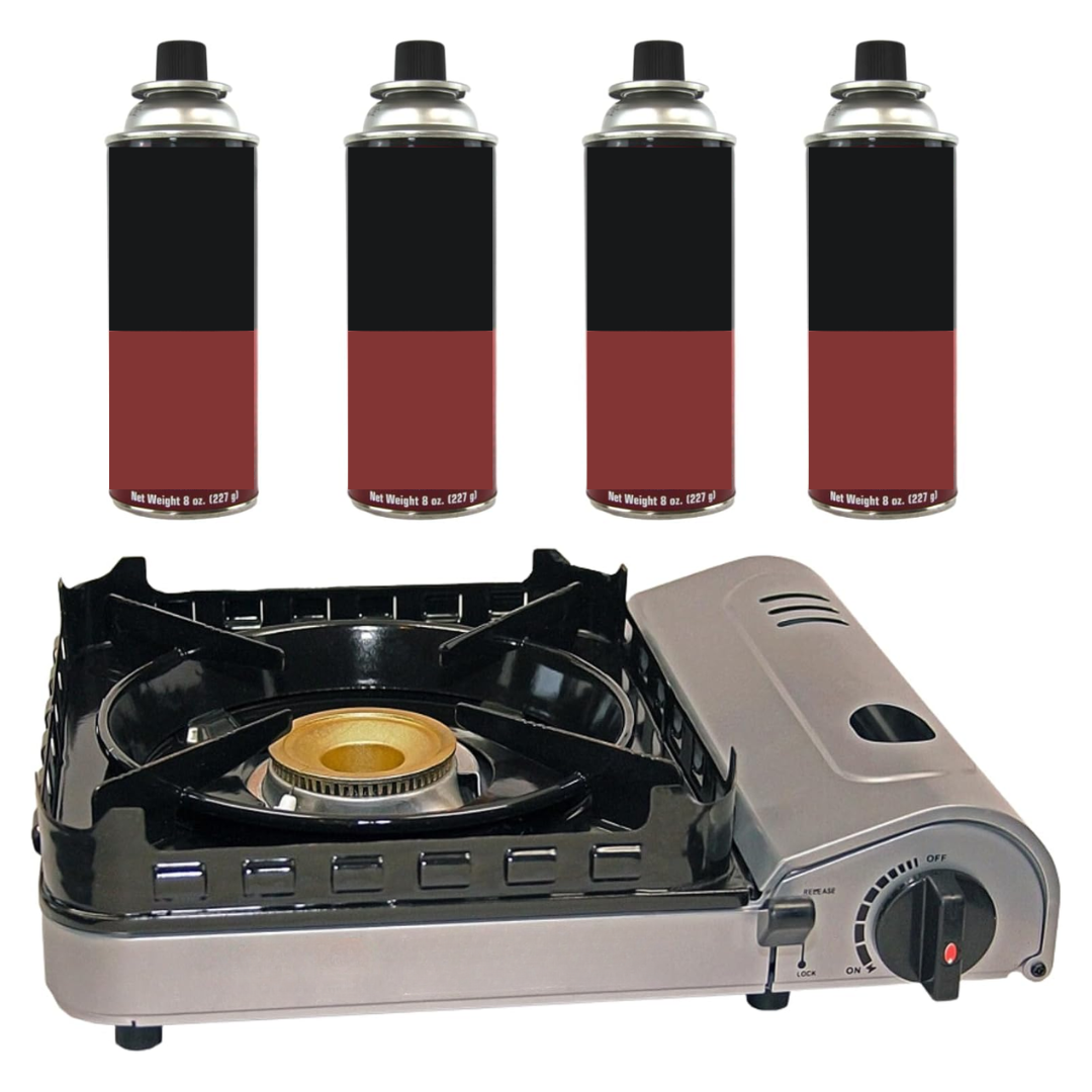 Portable Single-Burner Butane Camp Stove with 4 Fuel Canisters