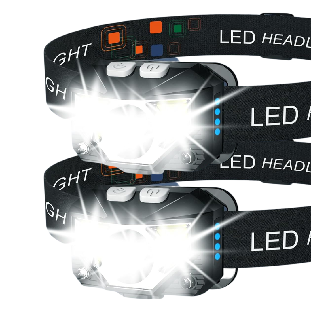 Rechargeable LED Headlamp Flashlight with Sensor, 8 Modes, 2-Pack