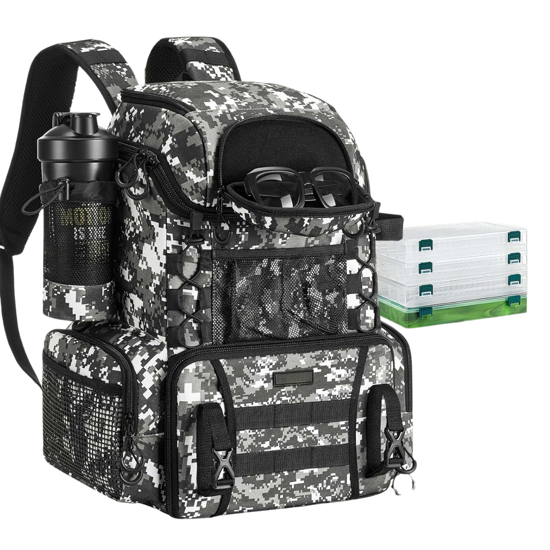 Water-Resistant Fishing Backpack with Rod Holders & 4 Tackle Boxes